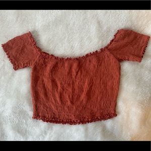 Forever 21, off-the-shoulder crop top, ruched, orange.